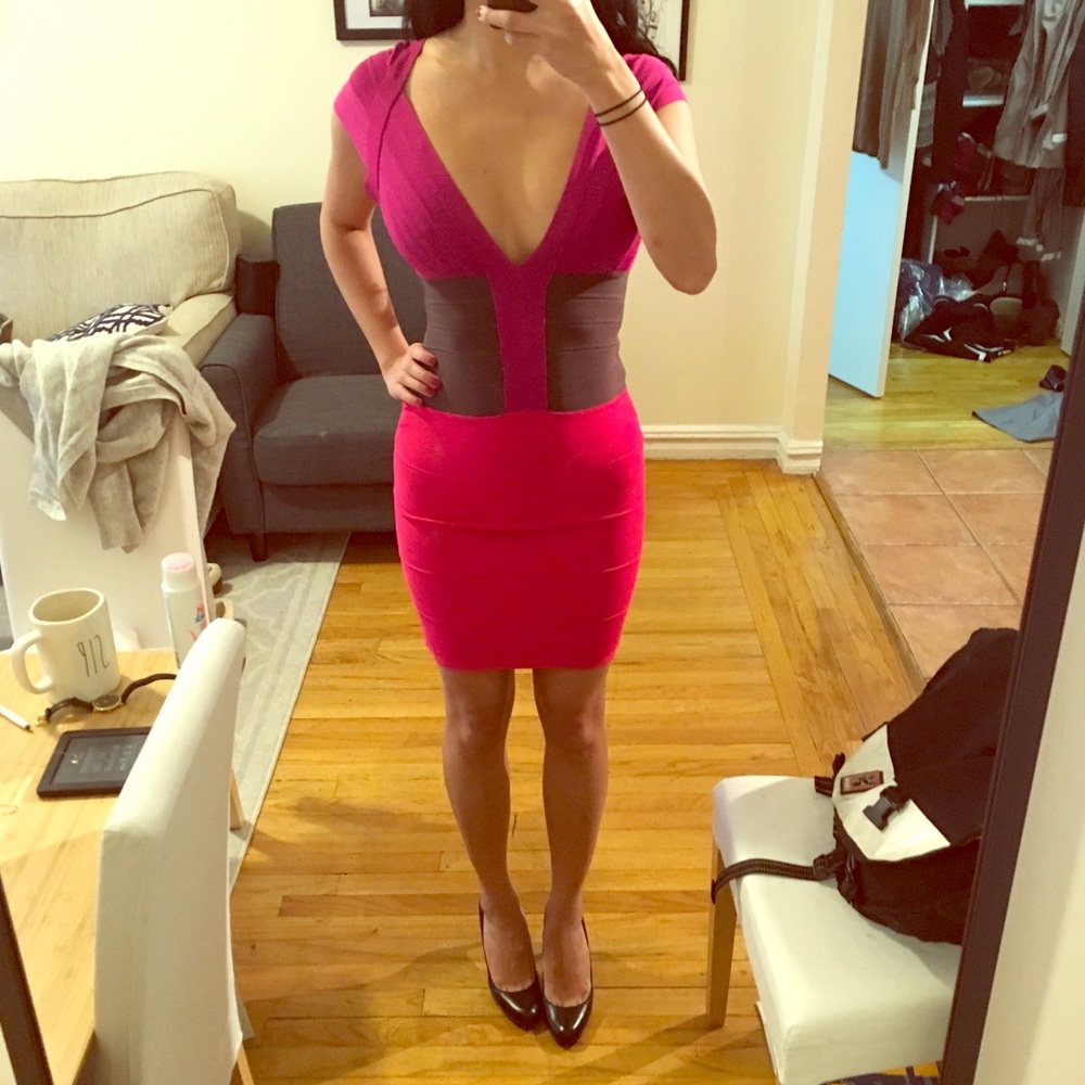 Herve Leger colorblock deep v bandage dress S